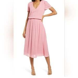 WAYF Blouson Midi Dress Medium Pink Crepe Flutter Sleeve Spring Valentines Day